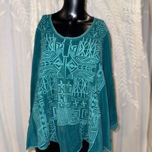 🌺 Johnny Was Embroidered Teal Boho Tunic – Size L
